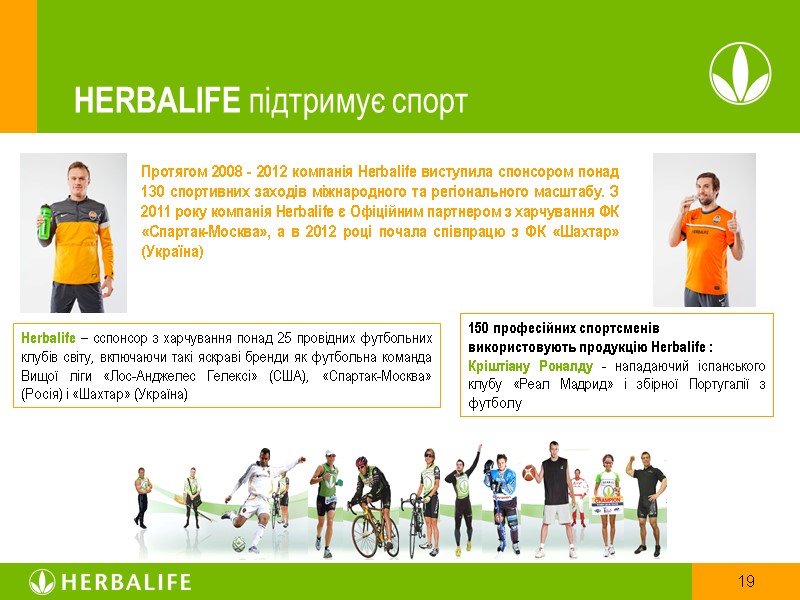 HERBALIFE підтримує спорт Протягом 2008 - 2012 компанія Herbalife виступила спонсором понад 130 спортивних
